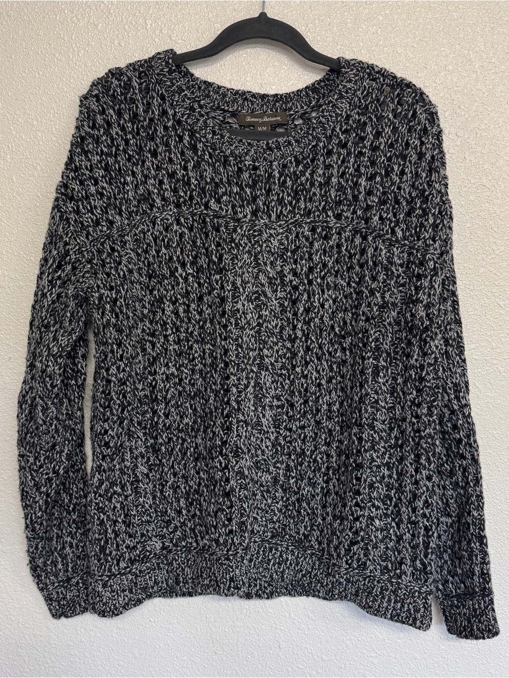 Tommy Bahama Med Black Silver Marled Open Knit Sweater Lambswool Cashmere Blend